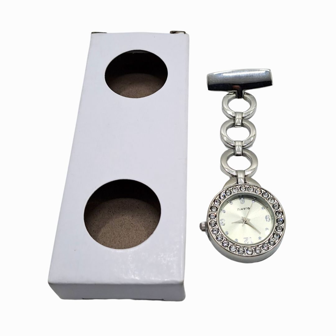 SILVER Circles Clip-on Nurse Fob Watch - Quartz Movement Medical Uniform Pocket Watch Lab Coat