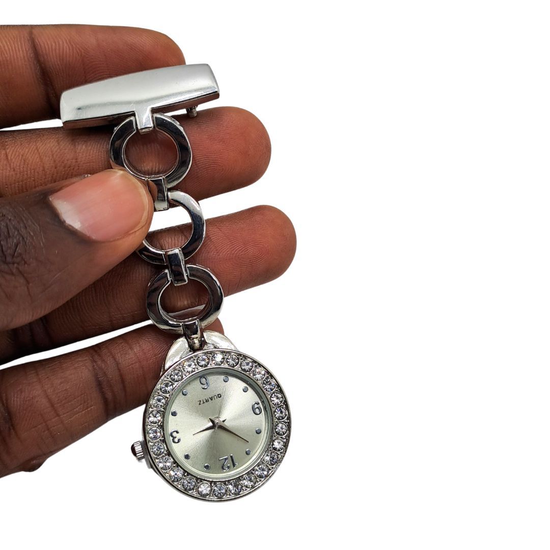 SILVER Circles Clip-on Nurse Fob Watch - Quartz Movement Medical Uniform Pocket Watch Lab Coat