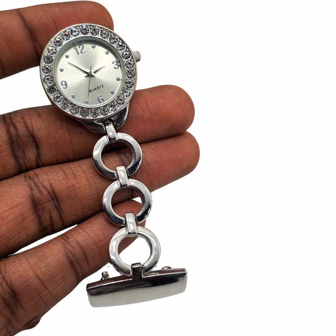 SILVER Circles Clip-on Nurse Fob Watch - Quartz Movement Medical Uniform Pocket Watch Lab Coat