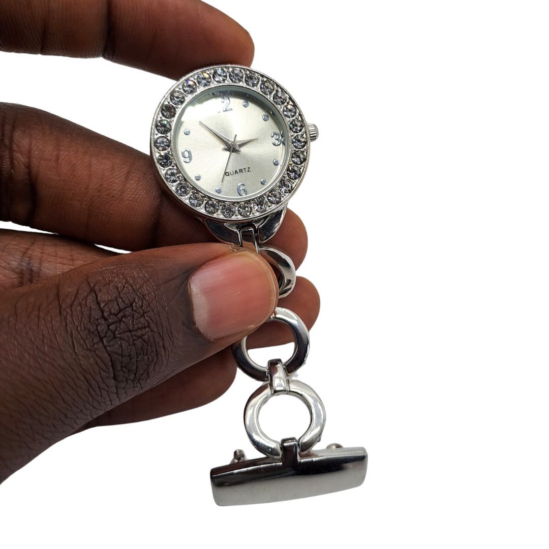 SILVER Circles Clip-on Nurse Fob Watch - Quartz Movement Medical Uniform Pocket Watch Lab Coat