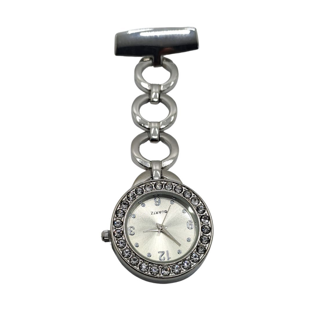 SILVER Circles Clip-on Nurse Fob Watch - Quartz Movement Medical Uniform Pocket Watch Lab Coat