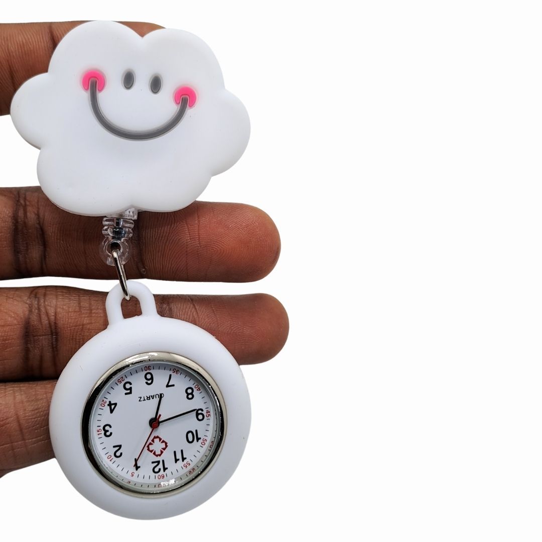 CLOUD Nurse Fob Watch with Clip – Quartz Pocket Watch for Doctors, Paramedics, Lab Coats & Uniforms Stainless Steel White Smile
