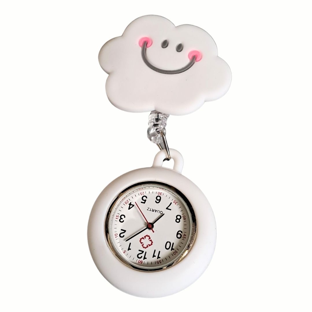CLOUD Nurse Fob Watch with Clip – Quartz Pocket Watch for Doctors, Paramedics, Lab Coats & Uniforms Stainless Steel White Smile