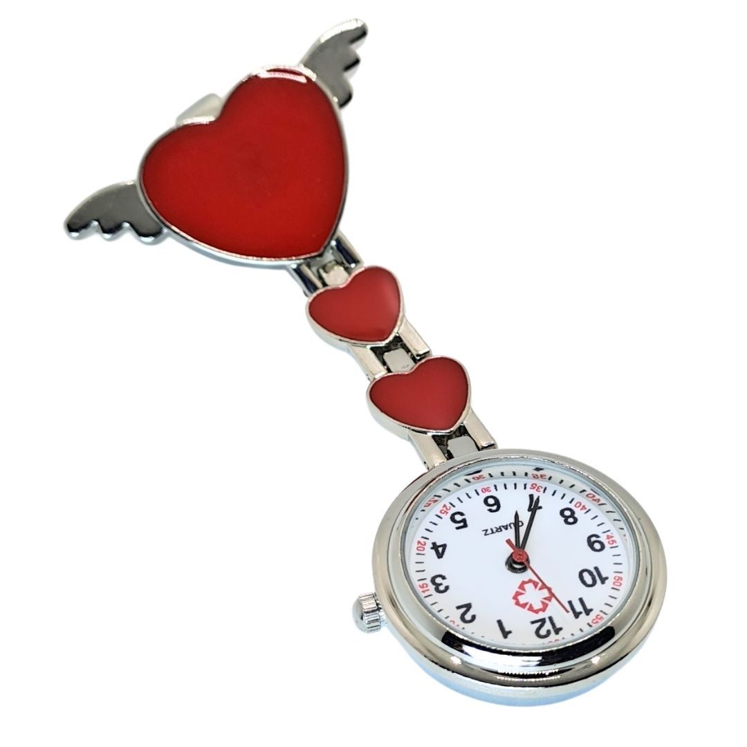 RED Hearts Professional Nurse Fob Watch - Stainless Steel Clip-On Pocket Watch for Doctors, Paramedics & Medical Staff (Quartz Movement, Pin Brooch Attachment)