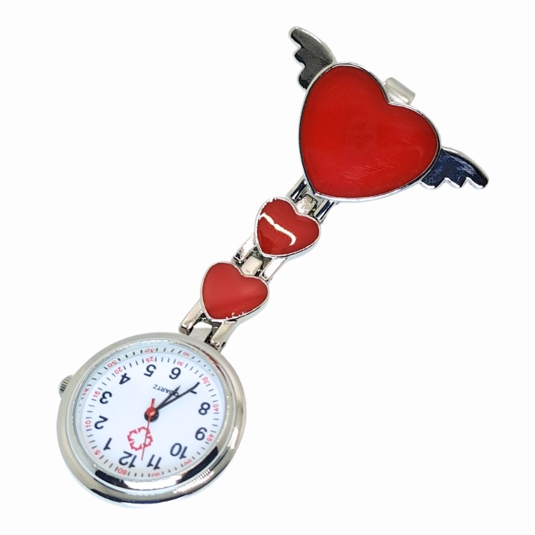 RED Hearts Professional Nurse Fob Watch - Stainless Steel Clip-On Pocket Watch for Doctors, Paramedics & Medical Staff (Quartz Movement, Pin Brooch Attachment)