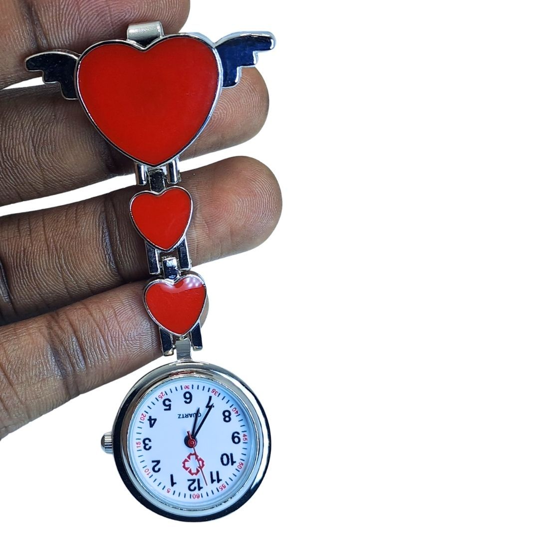 RED Hearts Professional Nurse Fob Watch - Stainless Steel Clip-On Pocket Watch for Doctors, Paramedics & Medical Staff (Quartz Movement, Pin Brooch Attachment)