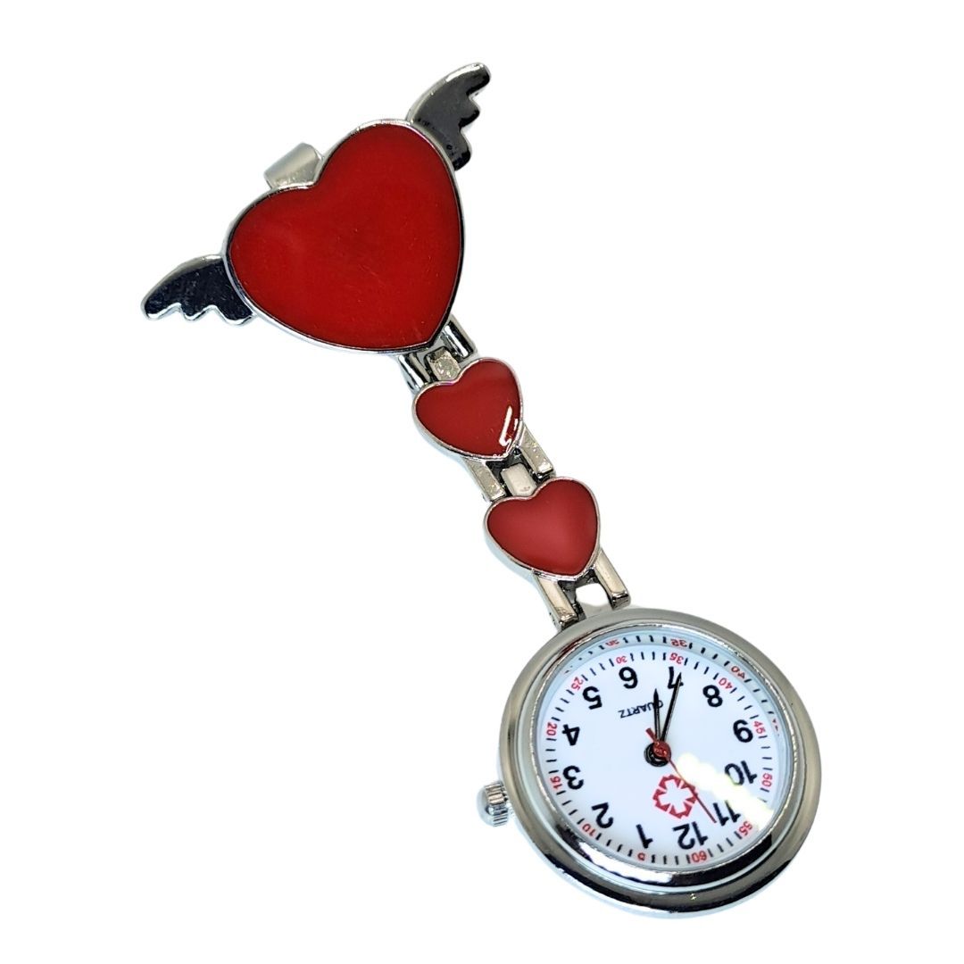 RED Hearts Professional Nurse Fob Watch - Stainless Steel Clip-On Pocket Watch for Doctors, Paramedics & Medical Staff (Quartz Movement, Pin Brooch Attachment)
