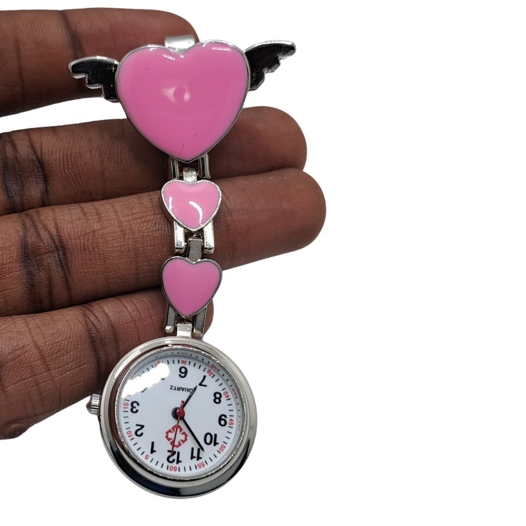Hearts Pink Nurse Fob Watch Clip-On - Quartz Pin Brooch Pocket Watch for Medical Professionals Doctor Medic