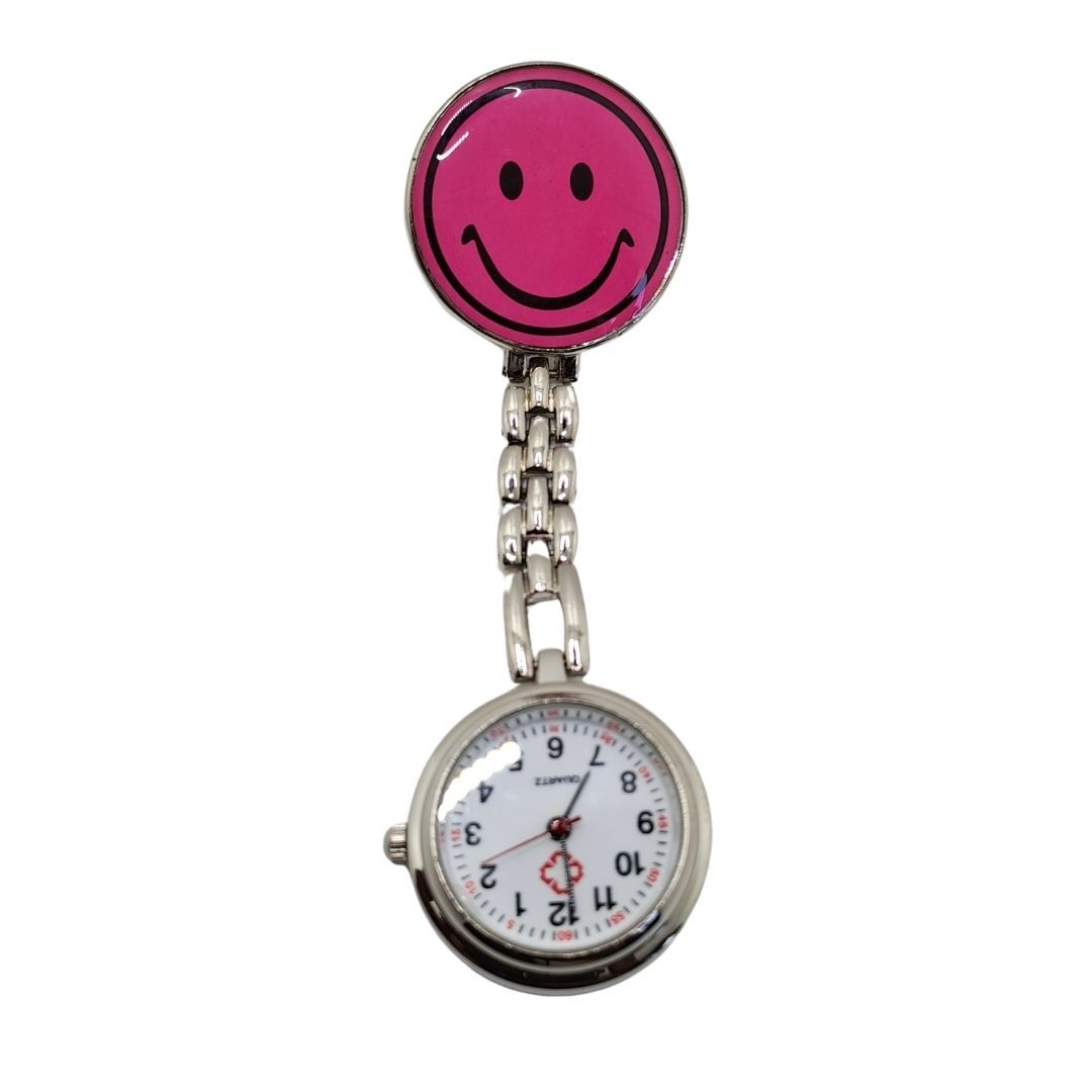 EMOJI SMILEY PINK Clip-on Nurse Fob Watch - Quartz Movement Medical Uniform Pocket Watch