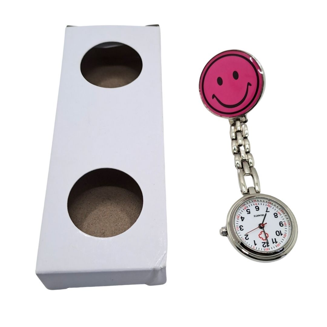 EMOJI SMILEY PINK Clip-on Nurse Fob Watch - Quartz Movement Medical Uniform Pocket Watch