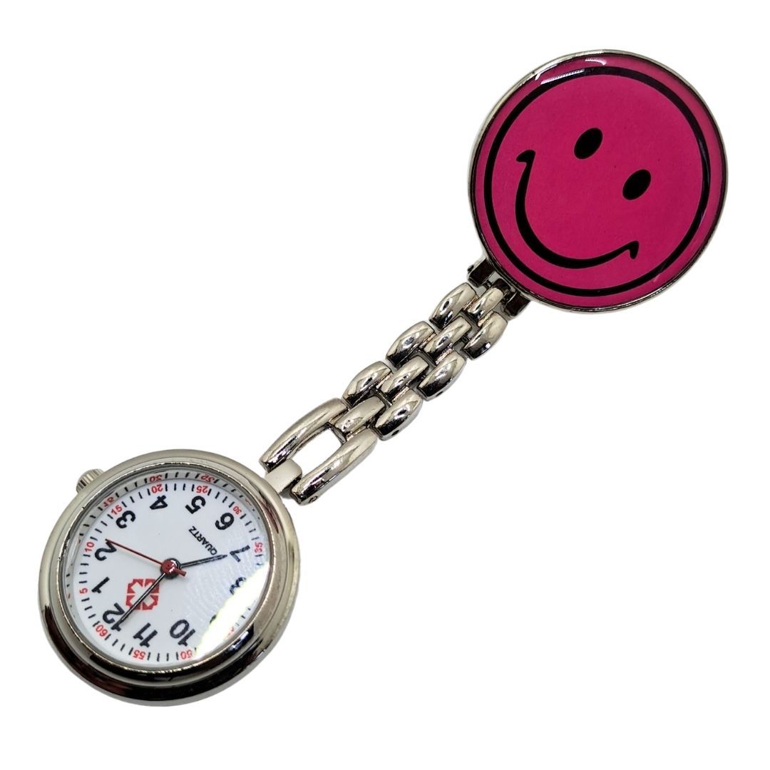 EMOJI SMILEY PINK Clip-on Nurse Fob Watch - Quartz Movement Medical Uniform Pocket Watch