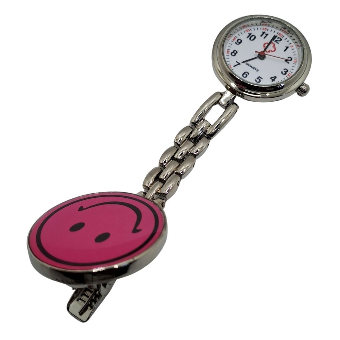 EMOJI SMILEY PINK Clip-on Nurse Fob Watch - Quartz Movement Medical Uniform Pocket Watch