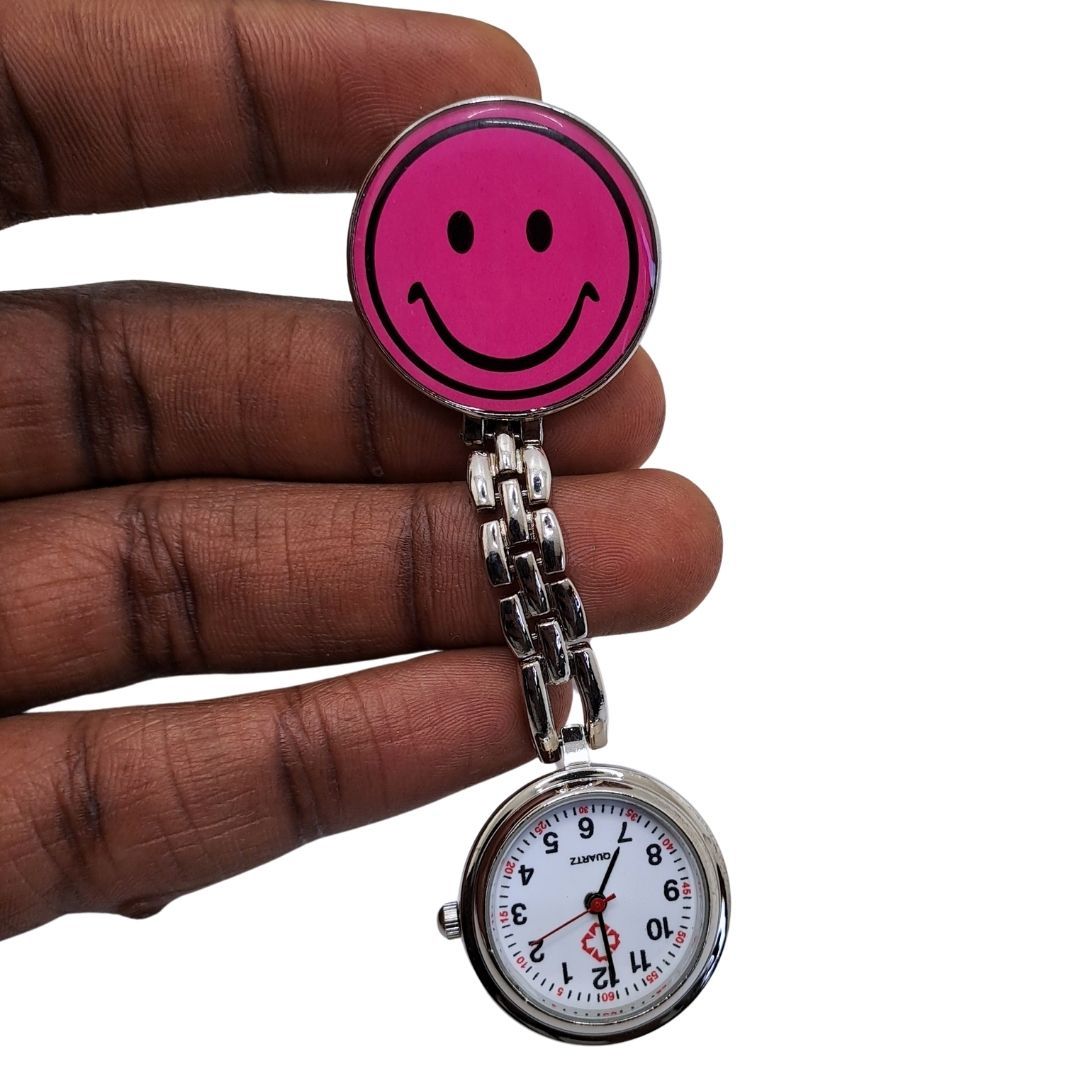 EMOJI SMILEY PINK Clip-on Nurse Fob Watch - Quartz Movement Medical Uniform Pocket Watch