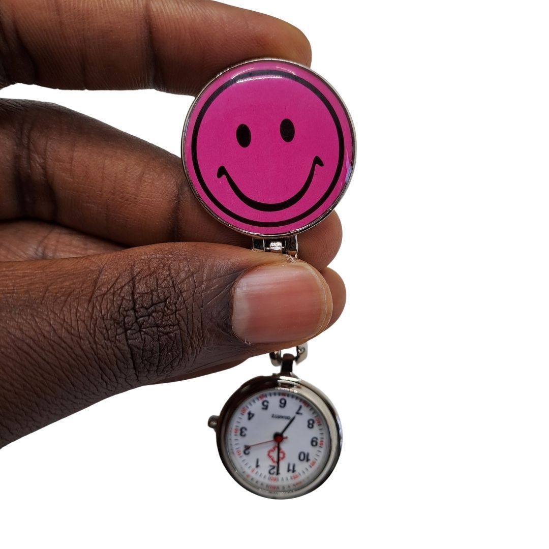 EMOJI SMILEY PINK Clip-on Nurse Fob Watch - Quartz Movement Medical Uniform Pocket Watch
