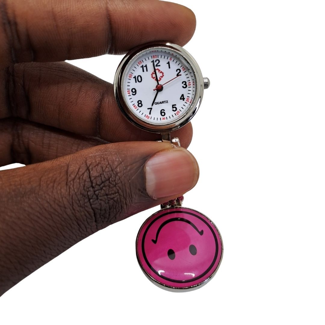 EMOJI SMILEY PINK Clip-on Nurse Fob Watch - Quartz Movement Medical Uniform Pocket Watch