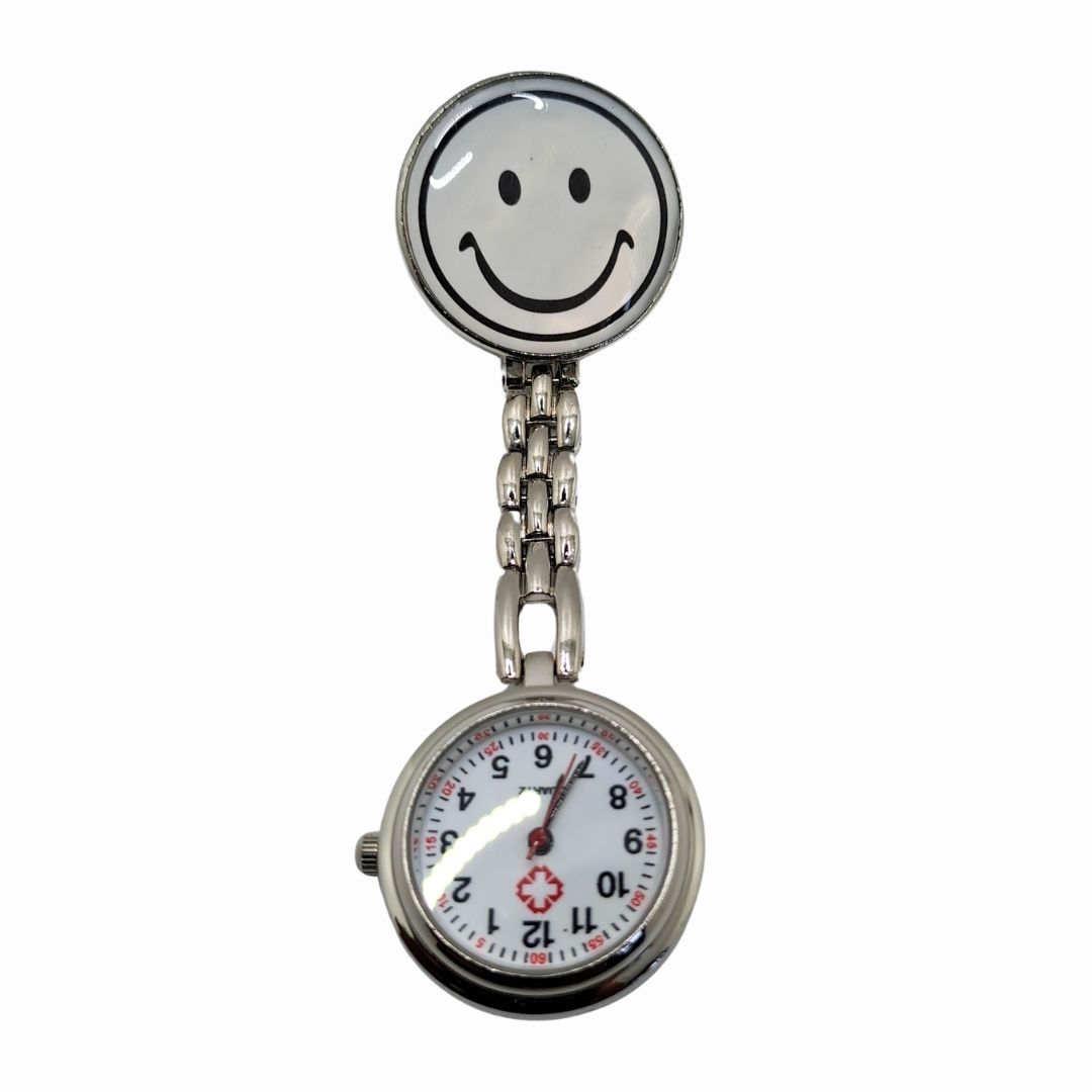 EMOJI SMILEY WHITE Nurse Fob Watch with Clip – Quartz Pocket Watch for Doctors, Paramedics, Lab Coats & Uniforms Stainless Steel
