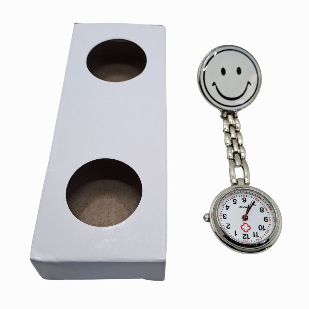 EMOJI SMILEY WHITE Nurse Fob Watch with Clip – Quartz Pocket Watch for Doctors, Paramedics, Lab Coats & Uniforms Stainless Steel