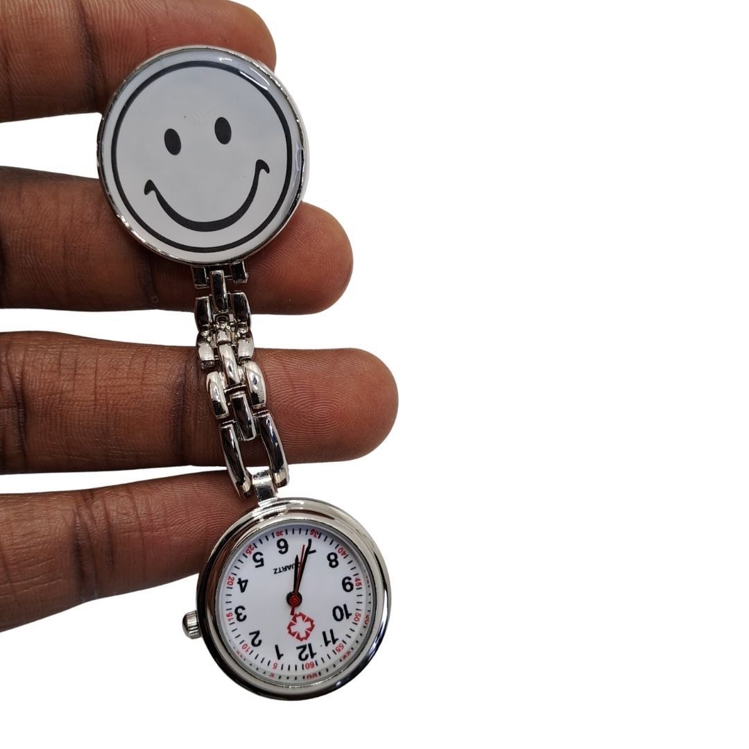 EMOJI SMILEY WHITE Nurse Fob Watch with Clip – Quartz Pocket Watch for Doctors, Paramedics, Lab Coats & Uniforms Stainless Steel