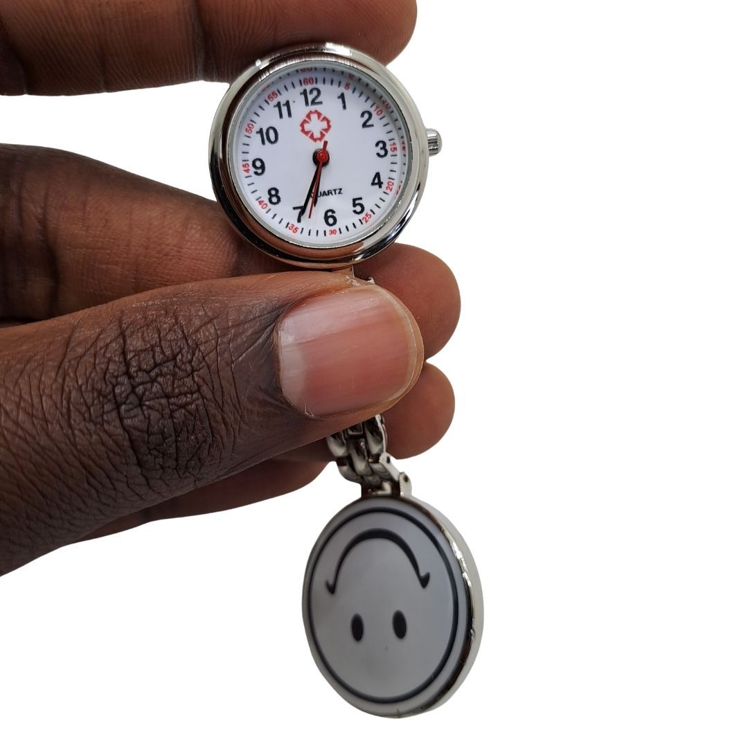 EMOJI SMILEY WHITE Nurse Fob Watch with Clip – Quartz Pocket Watch for Doctors, Paramedics, Lab Coats & Uniforms Stainless Steel