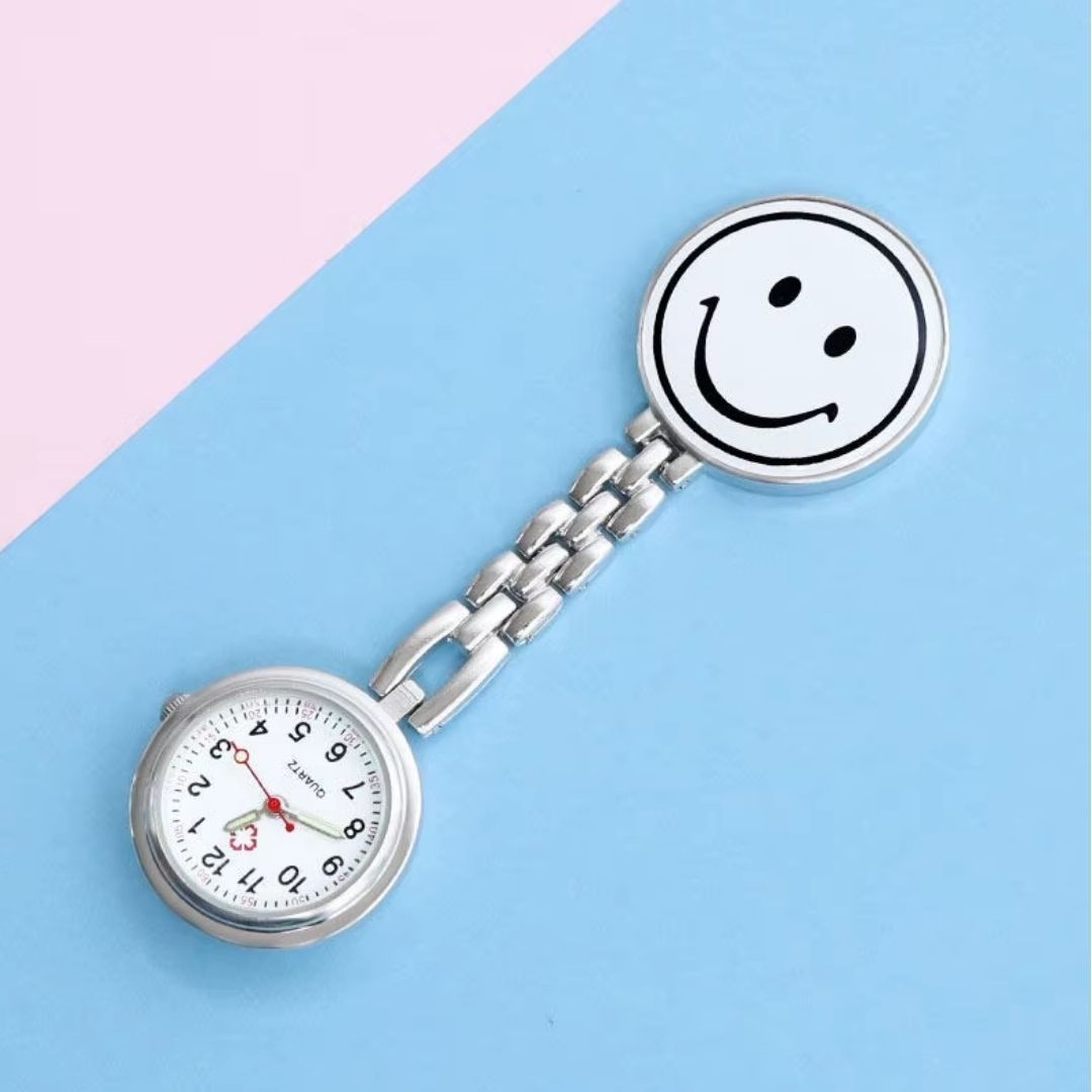 EMOJI SMILEY WHITE Nurse Fob Watch with Clip – Quartz Pocket Watch for Doctors, Paramedics, Lab Coats & Uniforms Stainless Steel