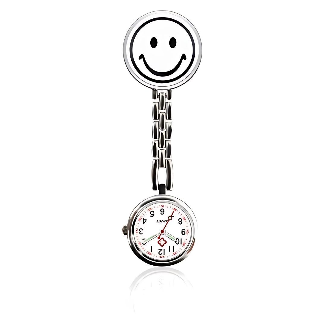 EMOJI SMILEY WHITE Nurse Fob Watch with Clip – Quartz Pocket Watch for Doctors, Paramedics, Lab Coats & Uniforms Stainless Steel