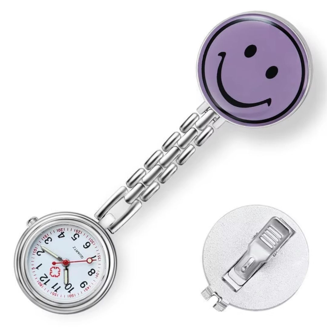 EMOJI SMILEY PURPLE Nurse Fob Watch with Clip – Quartz Pocket Watch for Doctors, Paramedics, Lab Coats & Uniforms Stainless Steel Band