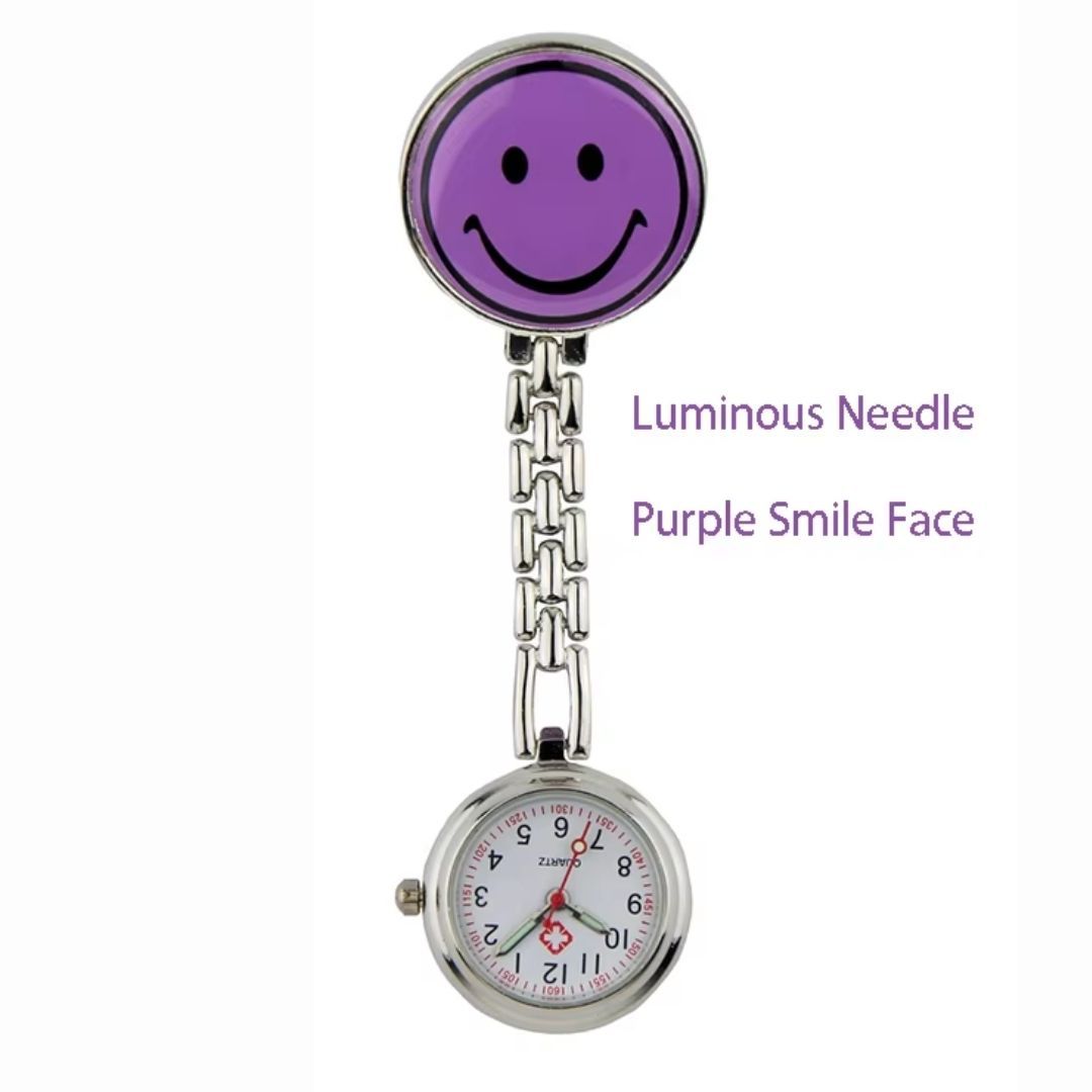 EMOJI SMILEY PURPLE Nurse Fob Watch with Clip – Quartz Pocket Watch for Doctors, Paramedics, Lab Coats & Uniforms Stainless Steel Band