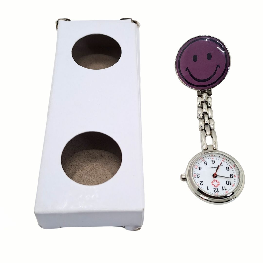 EMOJI SMILEY PURPLE Nurse Fob Watch with Clip – Quartz Pocket Watch for Doctors, Paramedics, Lab Coats & Uniforms Stainless Steel Band