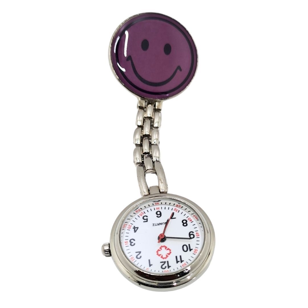 EMOJI SMILEY PURPLE Nurse Fob Watch with Clip – Quartz Pocket Watch for Doctors, Paramedics, Lab Coats & Uniforms Stainless Steel Band