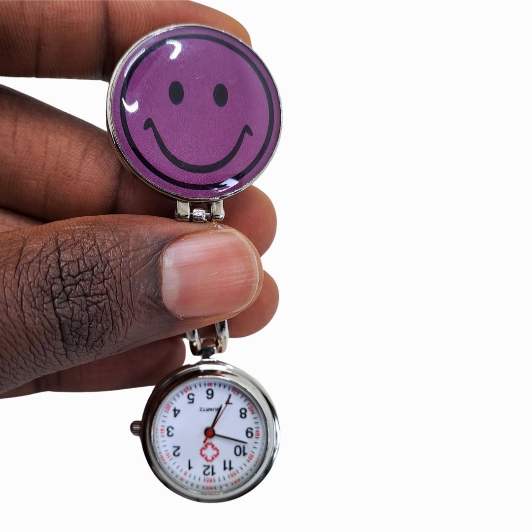 EMOJI SMILEY PURPLE Nurse Fob Watch with Clip – Quartz Pocket Watch for Doctors, Paramedics, Lab Coats & Uniforms Stainless Steel Band