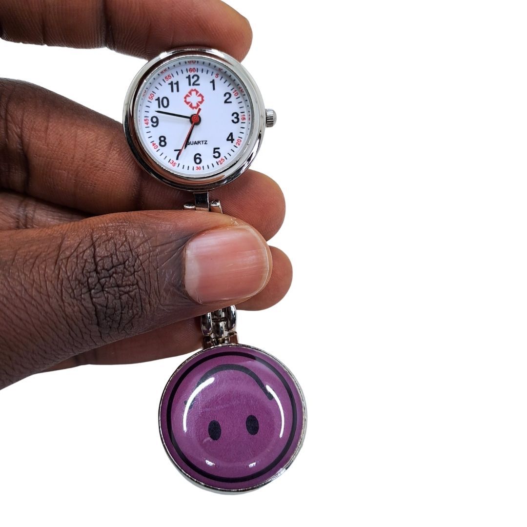 EMOJI SMILEY PURPLE Nurse Fob Watch with Clip – Quartz Pocket Watch for Doctors, Paramedics, Lab Coats & Uniforms Stainless Steel Band