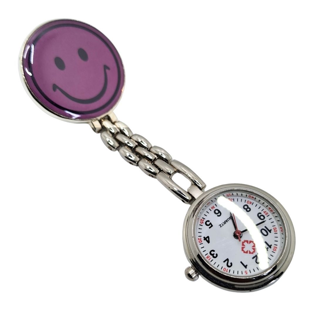 EMOJI SMILEY PURPLE Nurse Fob Watch with Clip – Quartz Pocket Watch for Doctors, Paramedics, Lab Coats & Uniforms Stainless Steel Band