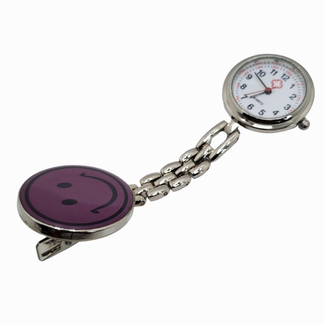 EMOJI SMILEY PURPLE Nurse Fob Watch with Clip – Quartz Pocket Watch for Doctors, Paramedics, Lab Coats & Uniforms Stainless Steel Band