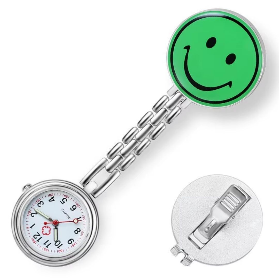 EMOJI SMILEY GREEN Professional Nurse Fob Watch - Stainless Steel Clip-On Pocket Watch for Doctors, Paramedics & Medical Staff (Quartz Movement, Pin Brooch Attachment)