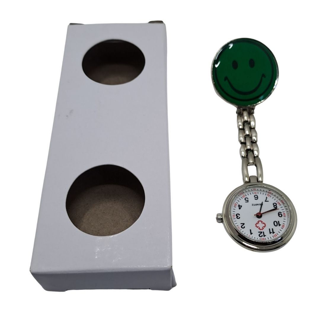 EMOJI SMILEY GREEN Professional Nurse Fob Watch - Stainless Steel Clip-On Pocket Watch for Doctors, Paramedics & Medical Staff (Quartz Movement, Pin Brooch Attachment)