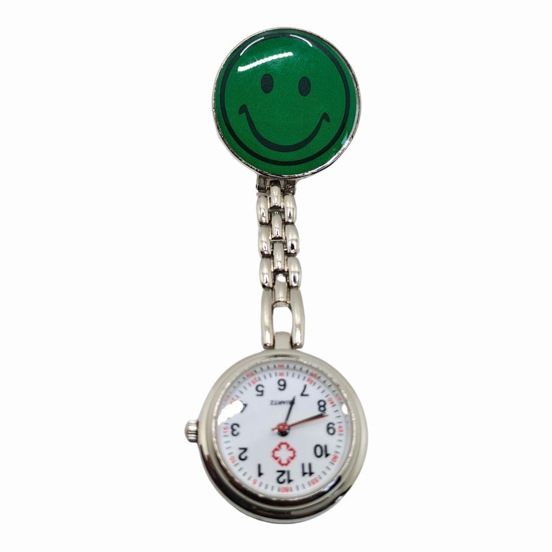 EMOJI SMILEY GREEN Professional Nurse Fob Watch - Stainless Steel Clip-On Pocket Watch for Doctors, Paramedics & Medical Staff (Quartz Movement, Pin Brooch Attachment)