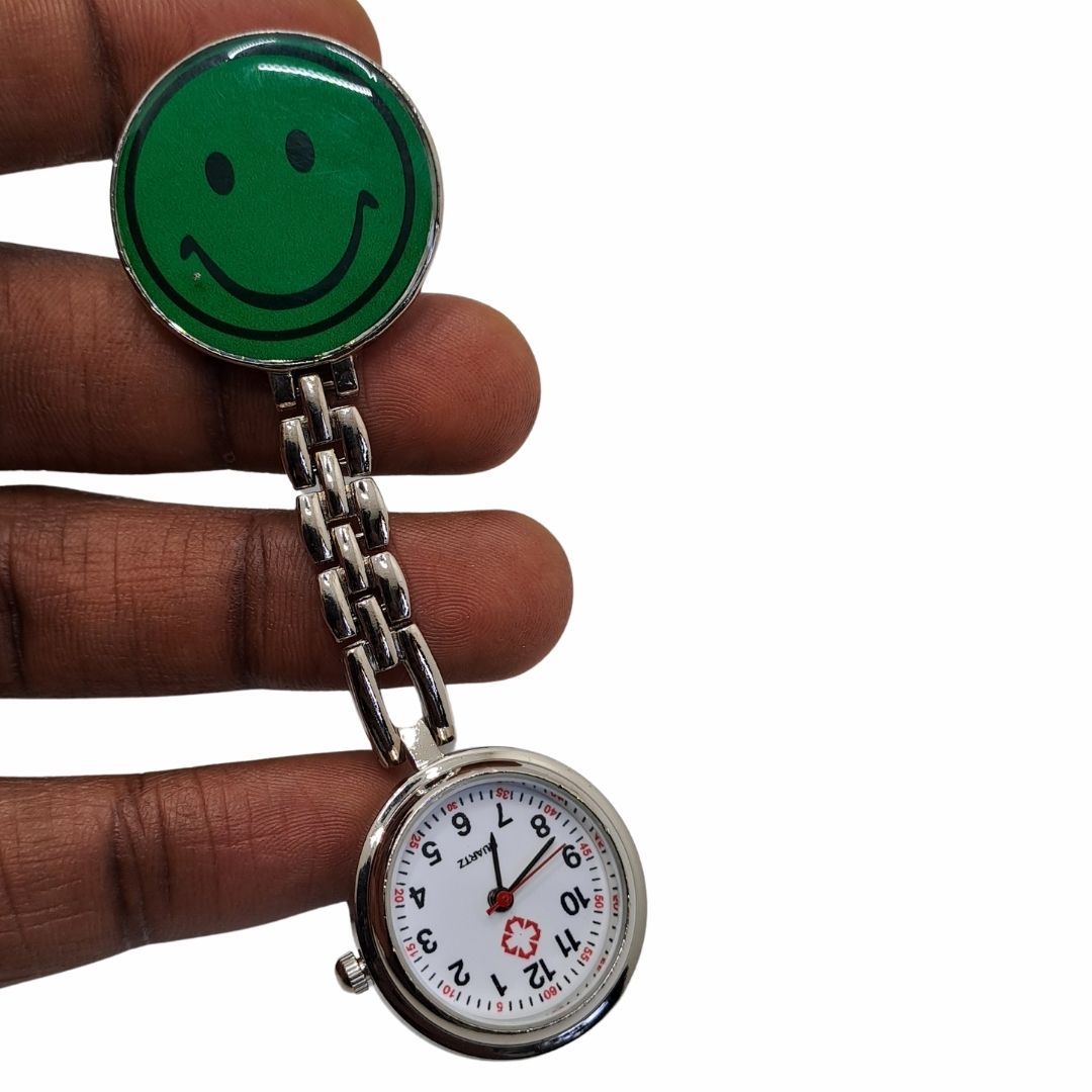EMOJI SMILEY GREEN Professional Nurse Fob Watch - Stainless Steel Clip-On Pocket Watch for Doctors, Paramedics & Medical Staff (Quartz Movement, Pin Brooch Attachment)