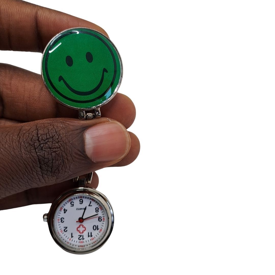 EMOJI SMILEY GREEN Professional Nurse Fob Watch - Stainless Steel Clip-On Pocket Watch for Doctors, Paramedics & Medical Staff (Quartz Movement, Pin Brooch Attachment)