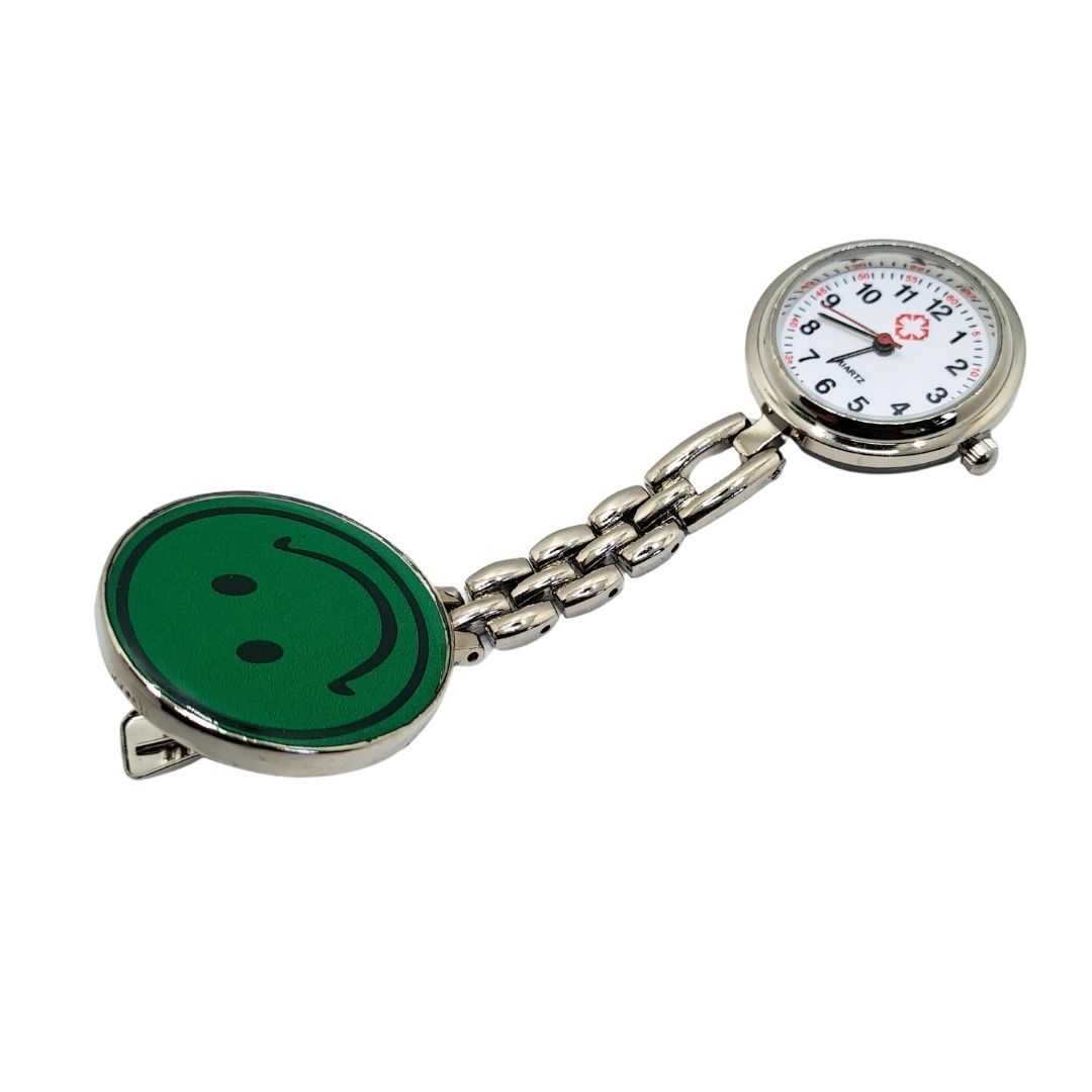EMOJI SMILEY GREEN Professional Nurse Fob Watch - Stainless Steel Clip-On Pocket Watch for Doctors, Paramedics & Medical Staff (Quartz Movement, Pin Brooch Attachment)