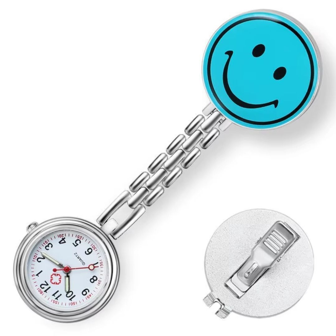EMOJI SMILEY FACE LIGHT BLUE Nurse Fob Watch Clip-On - Quartz Pin Brooch Pocket Watch for Medical Professionals