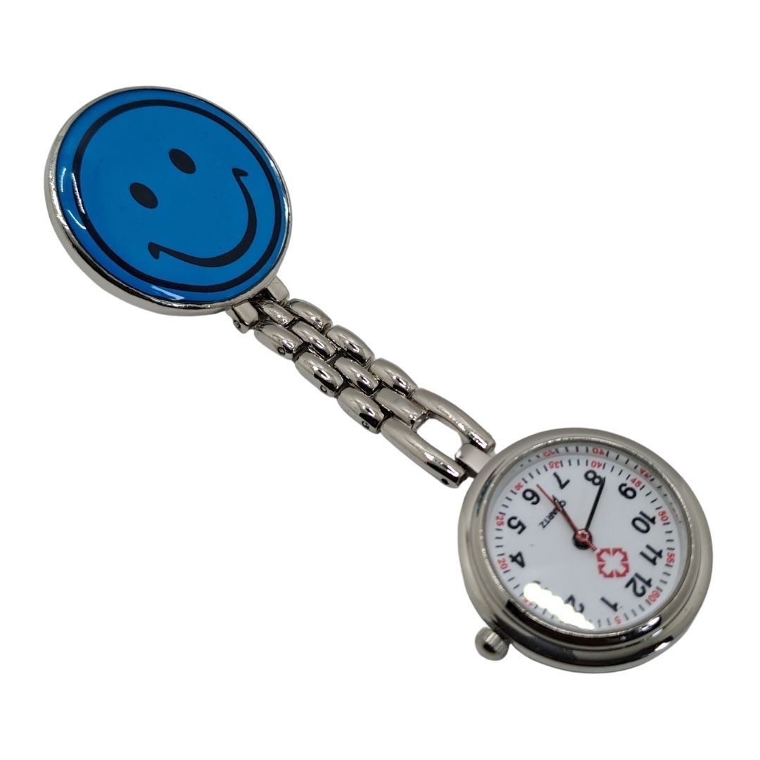 EMOJI SMILEY FACE LIGHT BLUE Nurse Fob Watch Clip-On - Quartz Pin Brooch Pocket Watch for Medical Professionals
