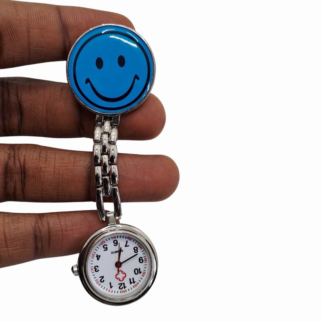 EMOJI SMILEY FACE LIGHT BLUE Nurse Fob Watch Clip-On - Quartz Pin Brooch Pocket Watch for Medical Professionals