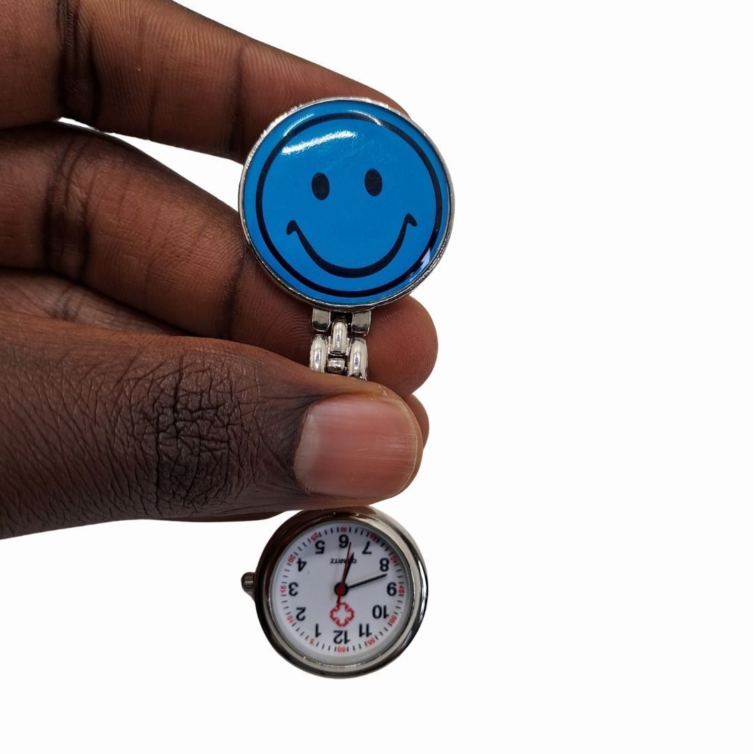 EMOJI SMILEY FACE LIGHT BLUE Nurse Fob Watch Clip-On - Quartz Pin Brooch Pocket Watch for Medical Professionals