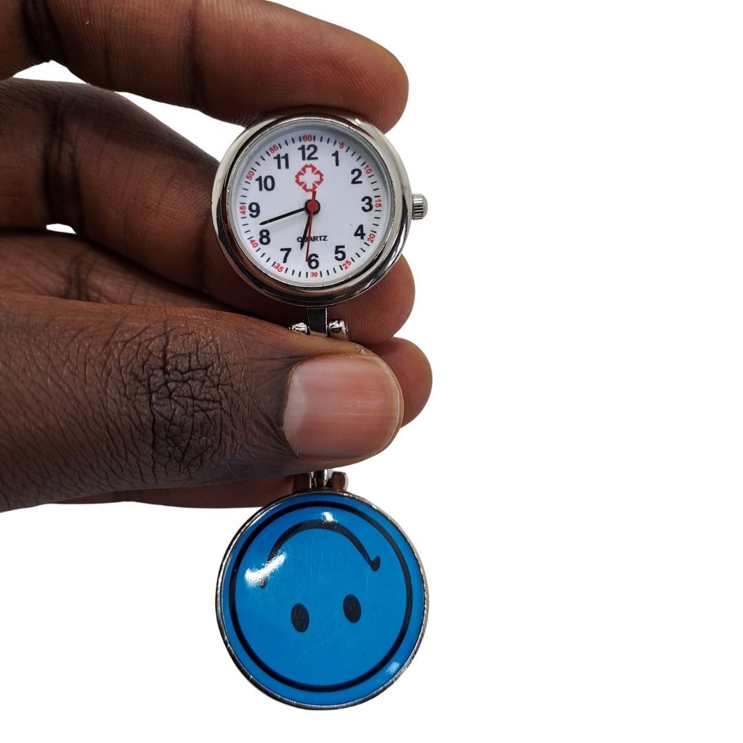 EMOJI SMILEY FACE LIGHT BLUE Nurse Fob Watch Clip-On - Quartz Pin Brooch Pocket Watch for Medical Professionals
