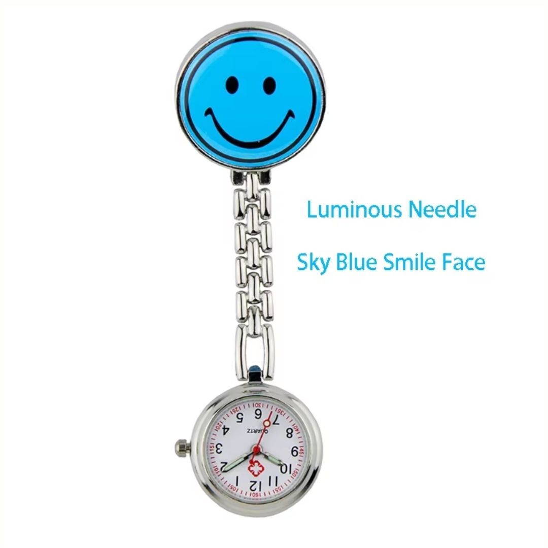 EMOJI SMILEY FACE LIGHT BLUE Nurse Fob Watch Clip-On - Quartz Pin Brooch Pocket Watch for Medical Professionals
