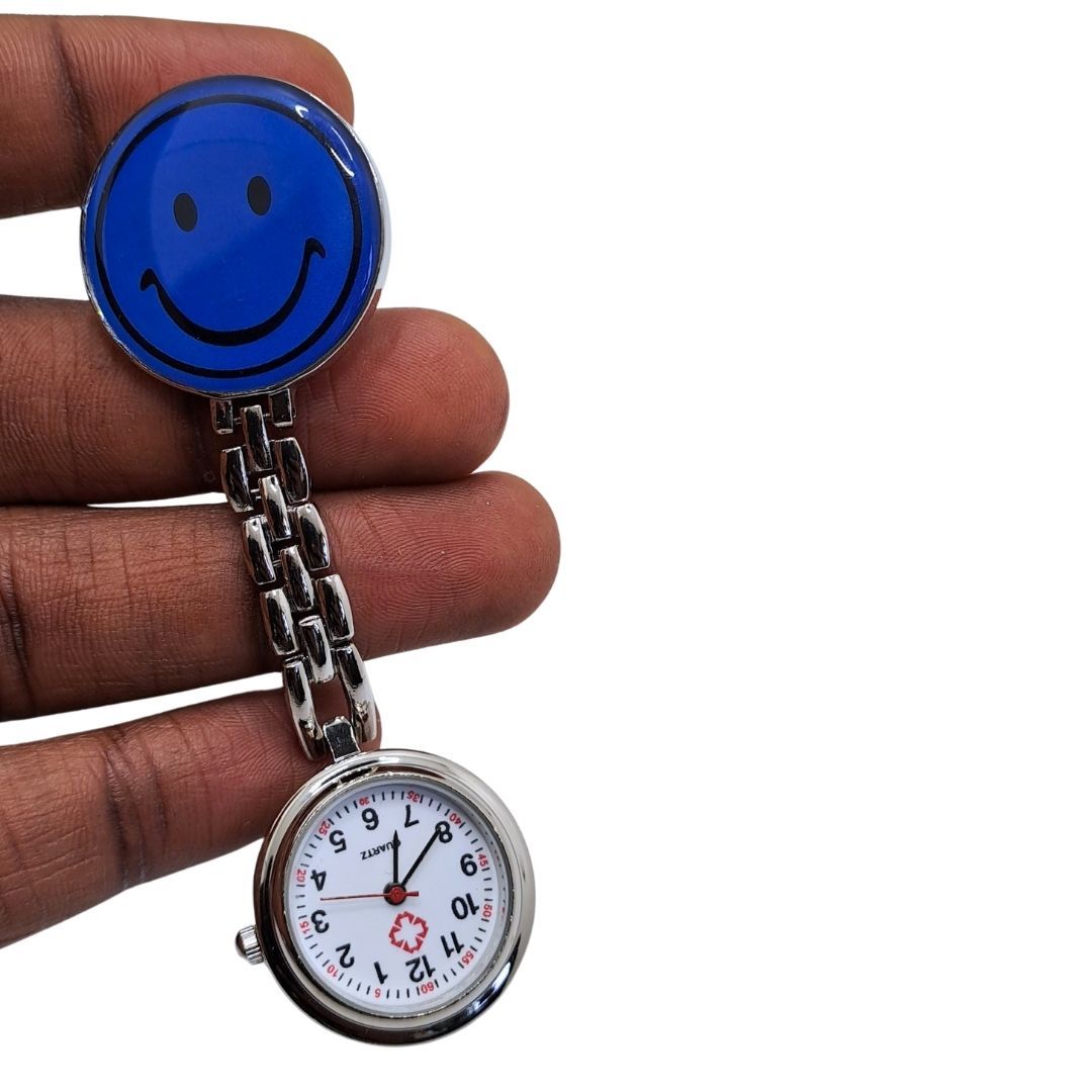 EMOJI SMILEY FACE NAVY BLUE Clip-on Nurse Fob Watch - Quartz Movement Medical Uniform Pocket Watch Medics