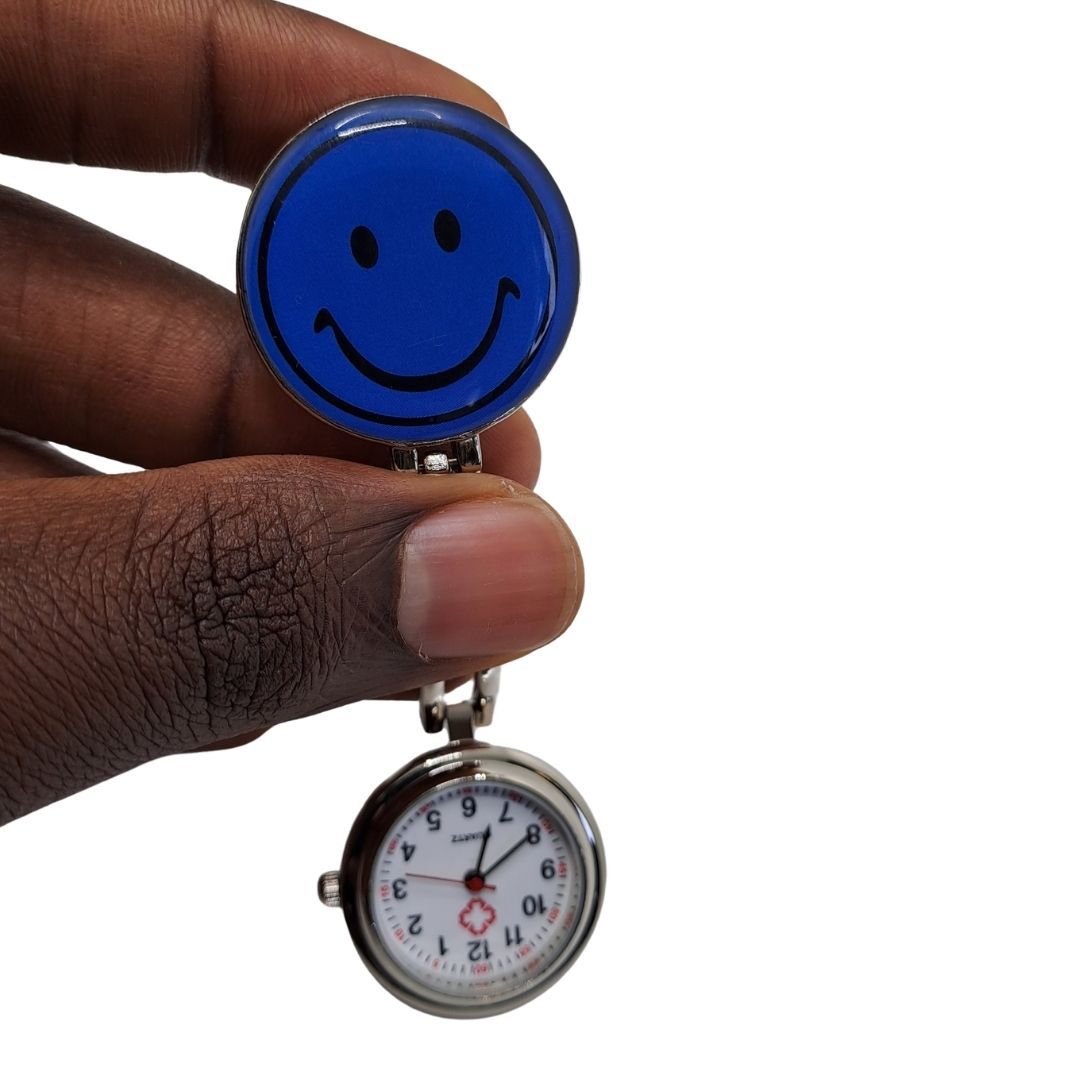 EMOJI SMILEY FACE NAVY BLUE Clip-on Nurse Fob Watch - Quartz Movement Medical Uniform Pocket Watch Medics