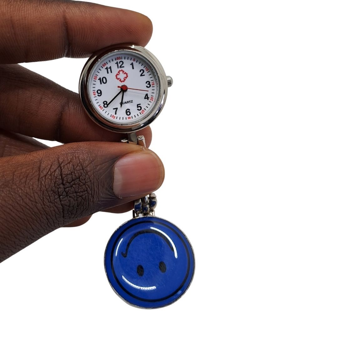 EMOJI SMILEY FACE NAVY BLUE Clip-on Nurse Fob Watch - Quartz Movement Medical Uniform Pocket Watch Medics