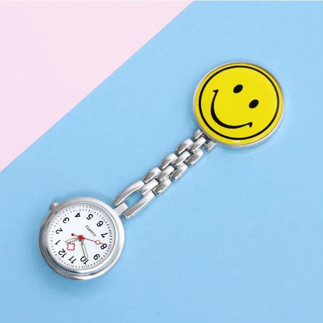 SMILEY EMOJI FACE YELLOW Nurse Fob Watch with Clip – Quartz Pocket Watch for Doctors, Paramedics, Lab Coats & Uniforms Stainless Steel Band
