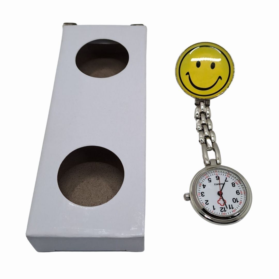 SMILEY EMOJI FACE YELLOW Nurse Fob Watch with Clip – Quartz Pocket Watch for Doctors, Paramedics, Lab Coats & Uniforms Stainless Steel Band